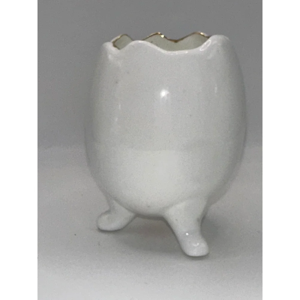 Vintage Bone China Egg Vase Tripod Footed Gold Trim Lady with Classic Car 3